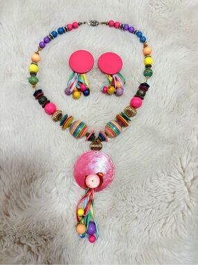 Boho Multicolor Wood Bead Statement Necklace & Earring Set Festive Summer